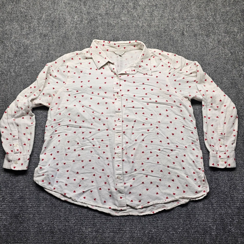 Lucky Brand Womens XL Heart Print Button Down Shirt White Red Long Sleeve